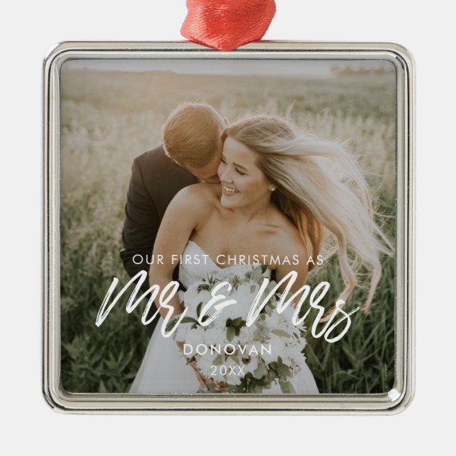 Modern Our First Christmas wedding photo Metal Ornament (Front)