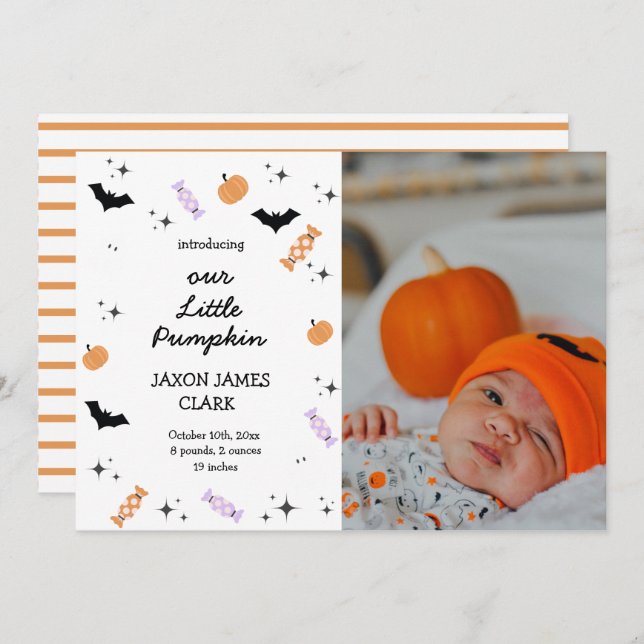 Modern Our Little Pumpkin Halloween Birth Announcement (Front/Back)