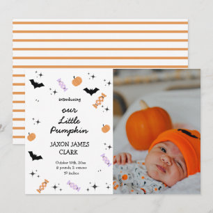 Modern Our Little Pumpkin Halloween Birth Announcement