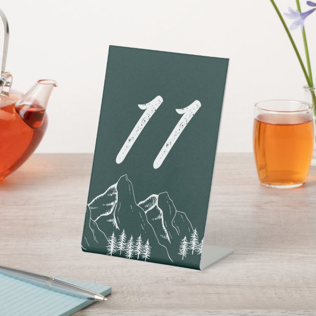 Modern Outdoor Mountain Pine Tree Table Number Pedestal Sign (In SItu)