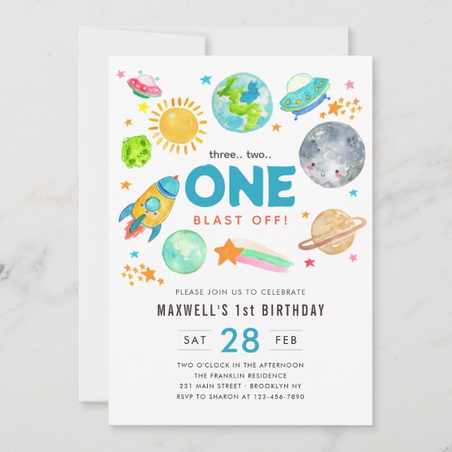 Modern Outer Space Galaxy Moon Kid 1st Birthday Invitation (Front)