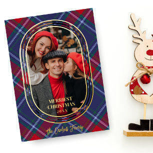 Modern Oval Blue Red Christmas Tartan Foto Family Foil Holiday Card