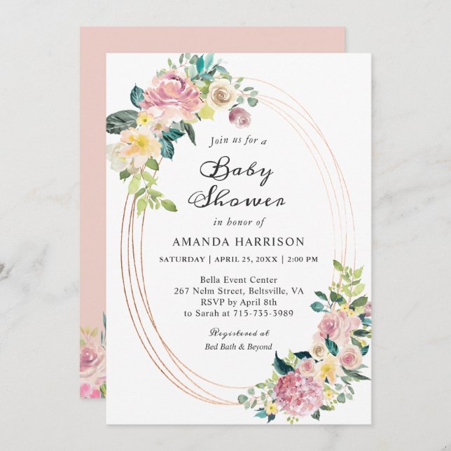 Modern Oval Frame Pastel Blush Floral Baby Shower Invitation (Front/Back)