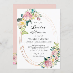 Modern Oval Frame Pastel Floral Bridal Shower Invitation