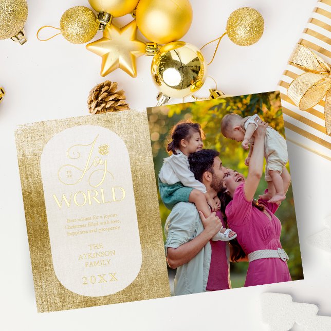 Modern Oval Joy To The World Photo Golden Textured Foil Holiday Card (Creator Uploaded)