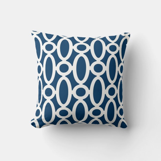 Modern Oval Links Pattern in Navy Blue and White Cushion (Front)