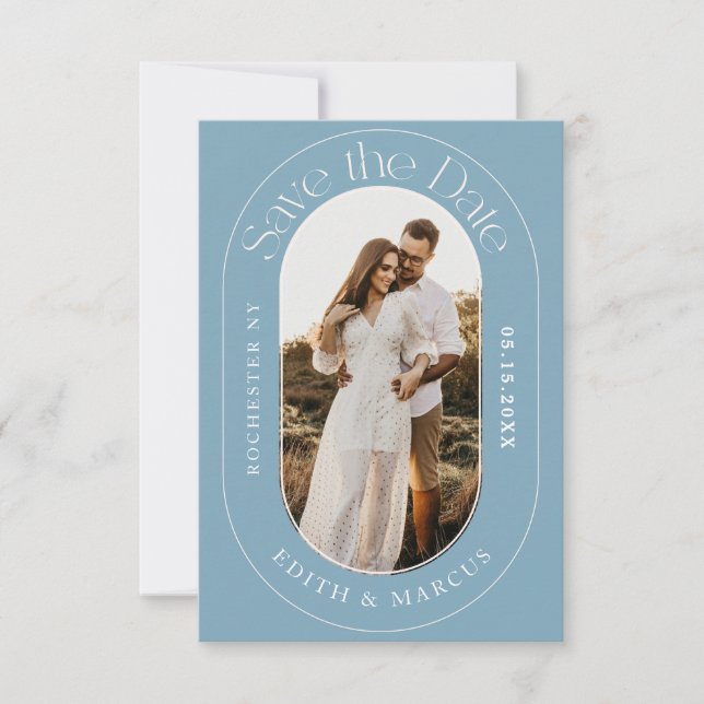 Modern Oval Photo Save the Date Dusy Blue (Front)