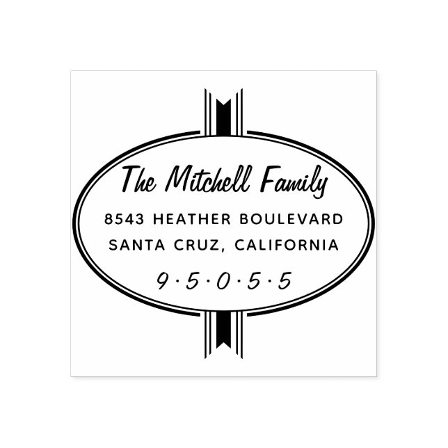 Modern Oval Ribbon Family Name Return Address Rubber Stamp (Imprint)