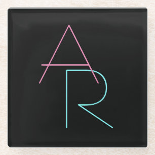 Modern Overlapping Initials   Pink Turquoise Black Glass Coaster