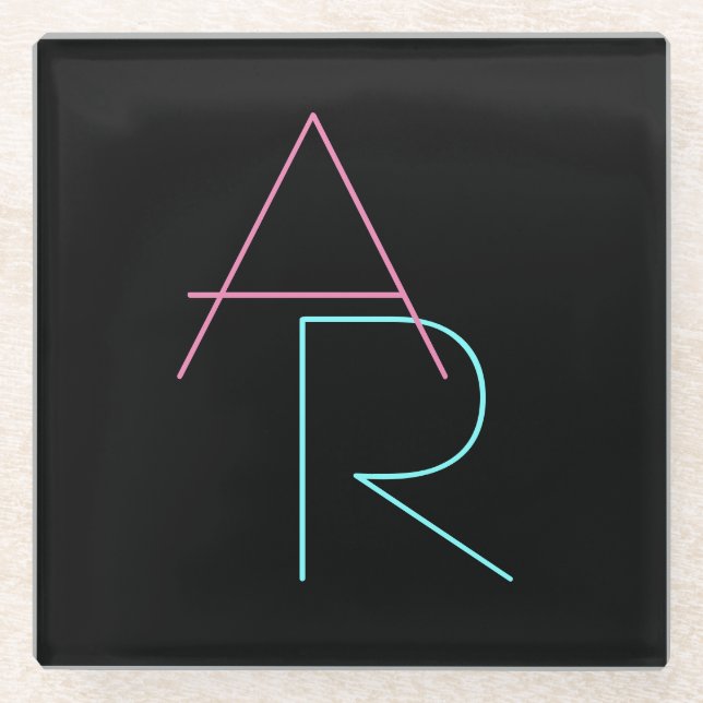 Modern Overlapping Initials | Pink Turquoise Black Glass Coaster (Front)