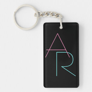 Modern Overlapping Initials   Pink Turquoise Black Key Ring