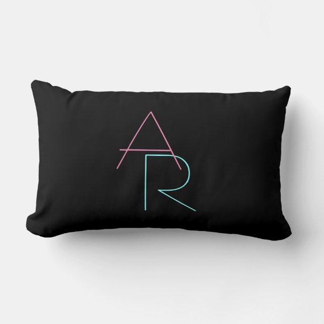 Modern Overlapping Initials | Pink Turquoise Black Lumbar Cushion (Front)