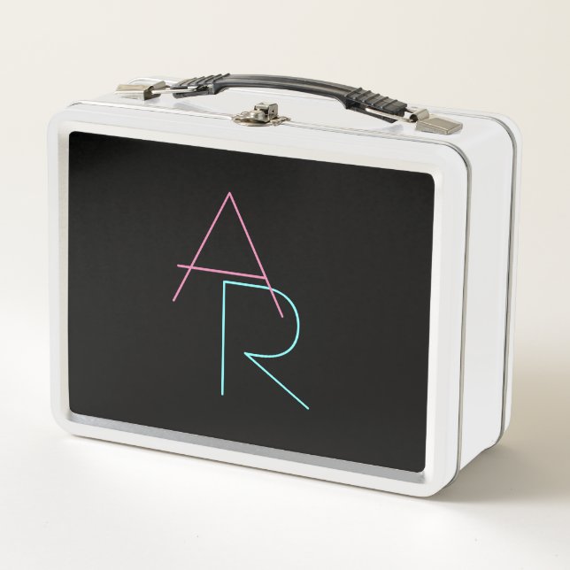 Modern Overlapping Initials | Pink Turquoise Black Metal Lunch Box (Front)