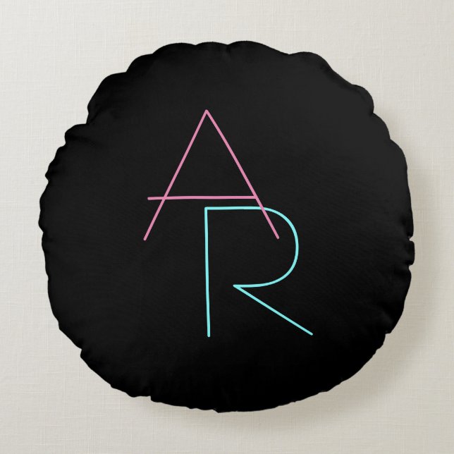 Modern Overlapping Initials | Pink Turquoise Black Round Cushion (Front)