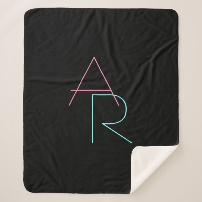 Modern Overlapping Initials | Pink Turquoise Black Sherpa Blanket (Front)