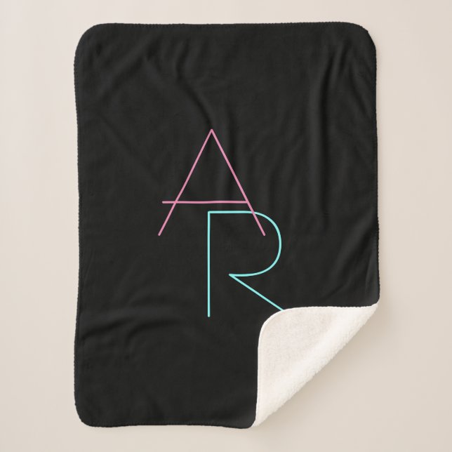 Modern Overlapping Initials | Pink Turquoise Black Sherpa Blanket (Front)