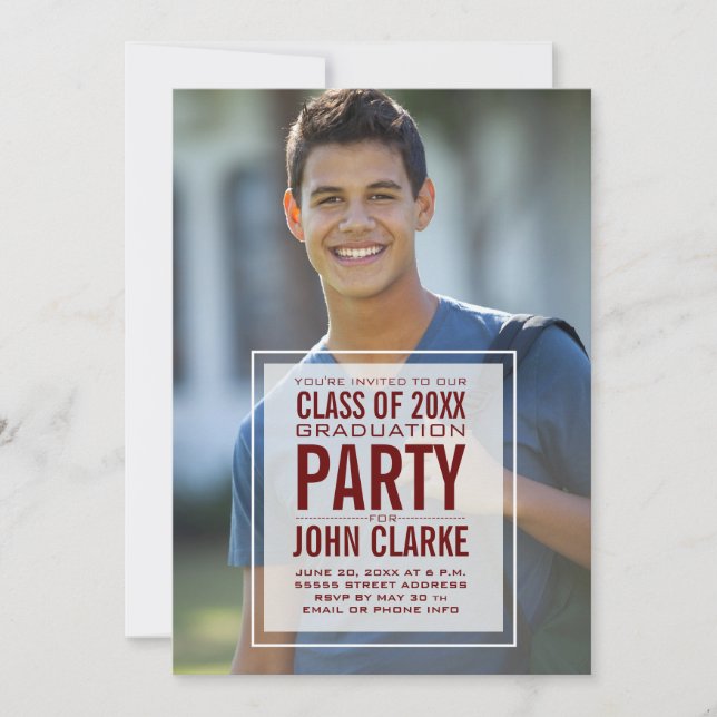 Modern Overlay Male Photo Graduation Party Invitation (Front)