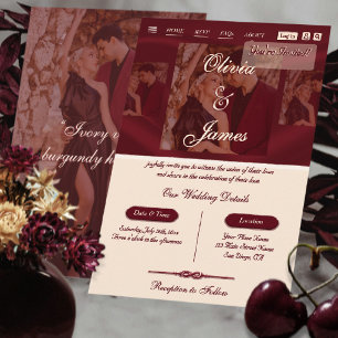 Modern Overlay Photo Script Burgundy Ivory Wedding Invitation