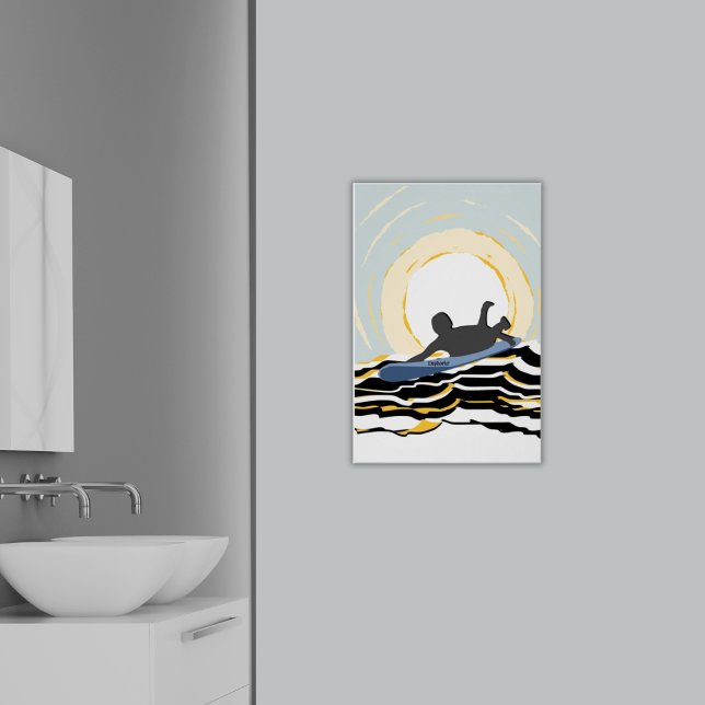 Modern Paddling Surfer At Sundown  Poster (Paddling Surfer at Sunset, Blue and Black Wall Art - Bathroom)