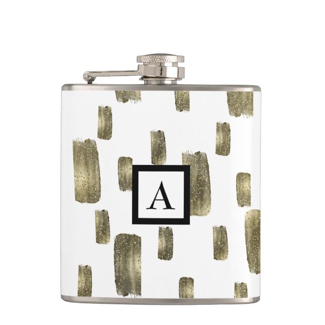 Modern Paint Brush Gold Copper Bronze Sparkle Hip Flask (Front)
