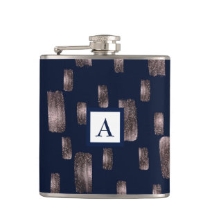 Modern Paint Brush Rose Gold & Navy Blue Sparkle Hip Flask