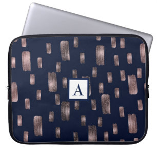 Modern Paint Brush Rose Gold & Navy Blue Sparkle Laptop Sleeve