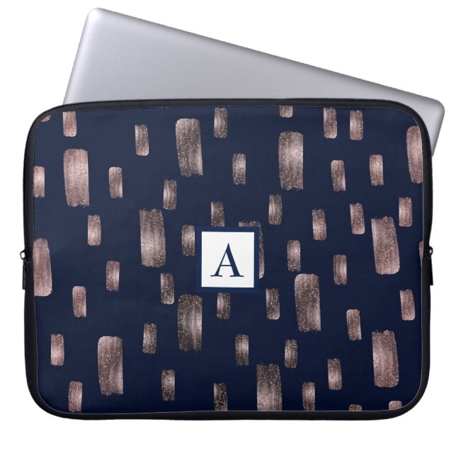 Modern Paint Brush Rose Gold & Navy Blue Sparkle Laptop Sleeve (Front)