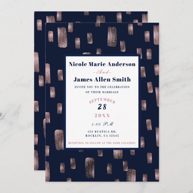 Modern Paint Brush Rose Gold & Navy Blue Wedding Invitation (Front/Back)