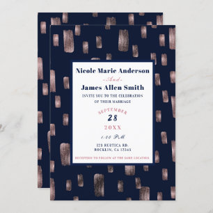 Modern Paint Brush Rose Gold & Navy Blue Wedding Invitation
