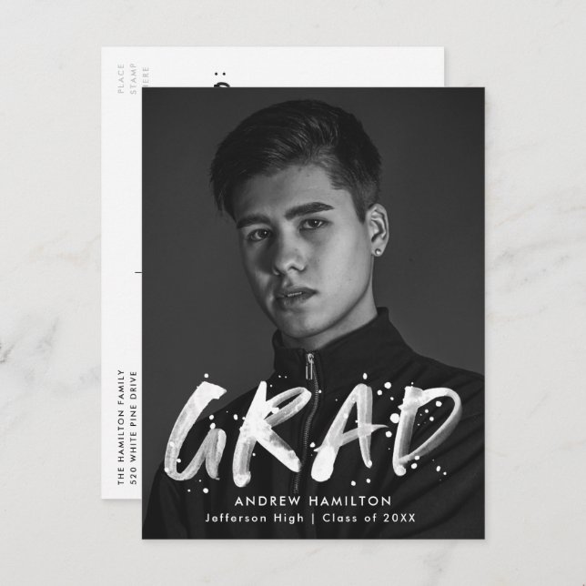 Modern Paint Splatter Photo Graduation Party Invitation Postcard (Front/Back)