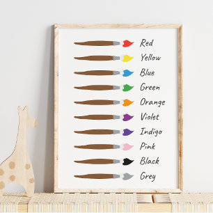 Modern Paintbrushes with Colour Names Educational Poster