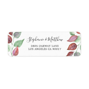 Modern Painted Burgundy Leaf Watercolor Foliage Return Address Label