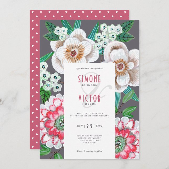 Modern painted flowers wedding invitation (Front/Back)