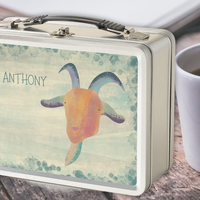 Modern Painted Goat Illustration Personalised Metal Lunch Box (Creator Uploaded)