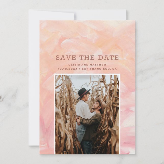 Modern painted pink blush brush strokes wedding save the date (Front)