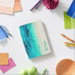 Modern painted sparkling seas name aqua sand iPad mini cover<br><div class="desc">original modern sea and sand patterned case in aqua,  green blue with white waves and sandy tones. Customise with the name of your choice. Example reads Kaitlyn. Original hand painted artwork with graphic overlay design by Sarah Trett for www.mylittleeden.com</div>