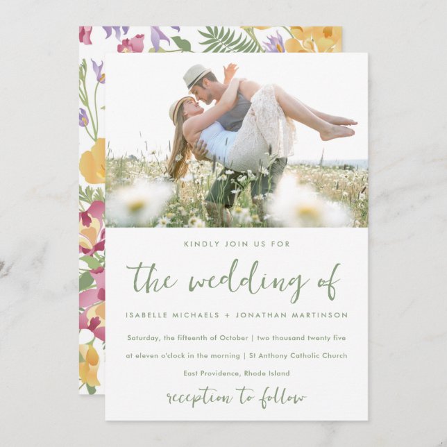 Modern Painted Wildflowers Photo Wedding Invitation (Front/Back)