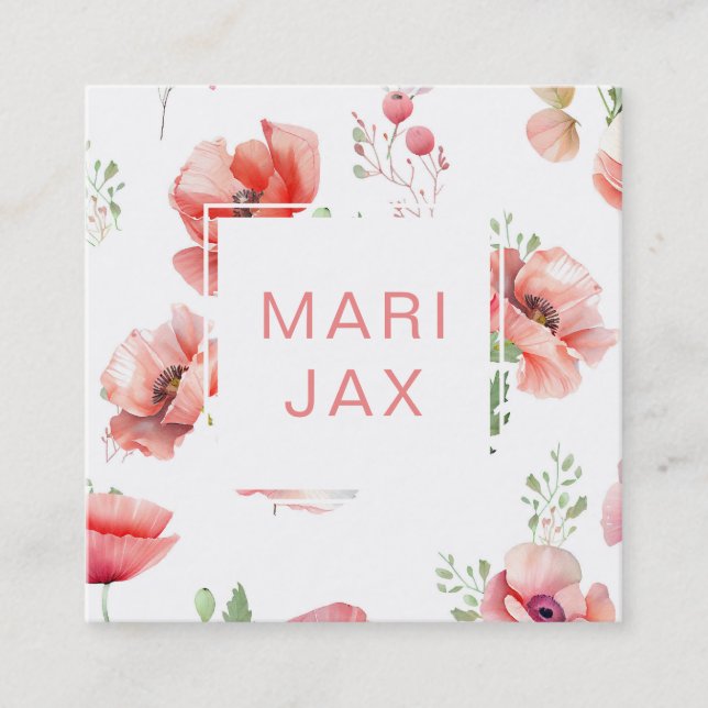 Modern painterly blush poppy flower and white square business card (Front)