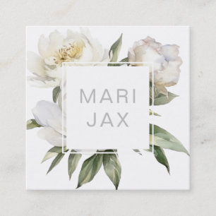Modern painterly white peony flower square business card