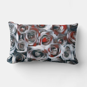 Modern Painting Black White Silver and Red Roses Lumbar Cushion