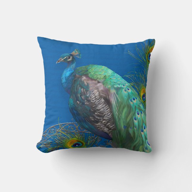 Modern Painting Peacock Tail Feathers Royal Blue Cushion (Front)