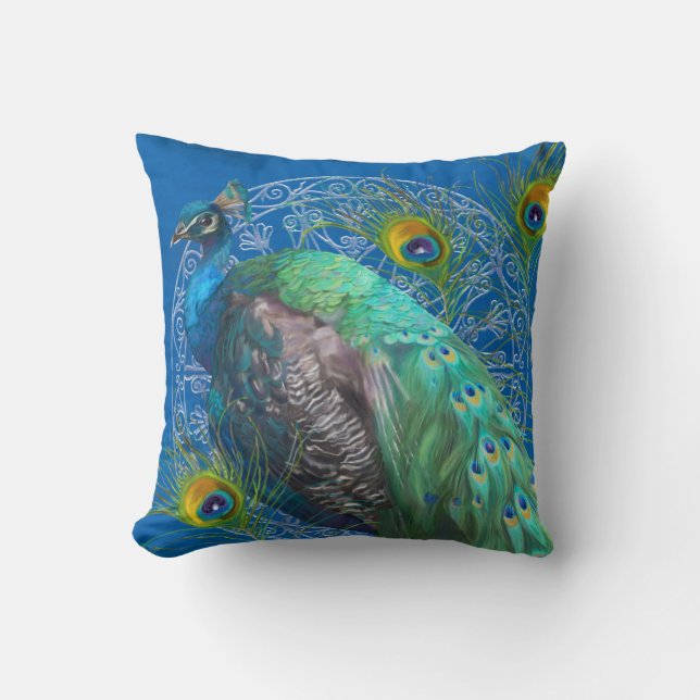 Modern Painting Peacock Tail Feathers Royal Blue Cushion (Front)
