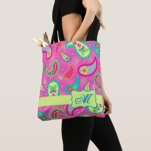 Modern Paisley Bright Pink Monogram Personalised Tote Bag