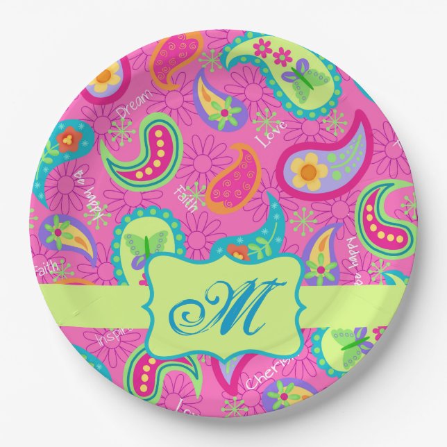Modern Paisley Hot Pink Monogram Personalised  Paper Plate (Front)