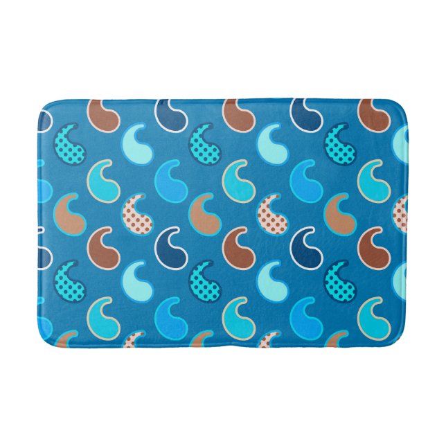 Modern Paisley pattern, Cerulean Blue, Tan & Aqua Bath Mat (Front)