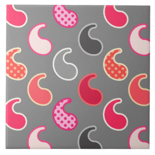 Modern Paisley pattern, Coral, Pink on Grey / Grey Ceramic Tile