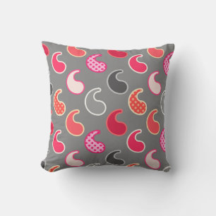 Modern Paisley pattern, Coral, Pink on Grey / Grey Cushion