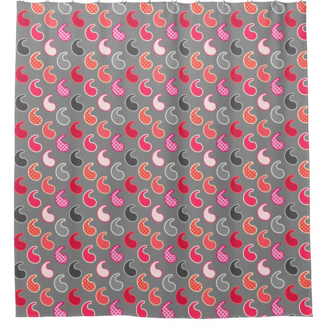 Modern Paisley pattern, Coral, Pink on Grey / Grey Shower Curtain (Front)