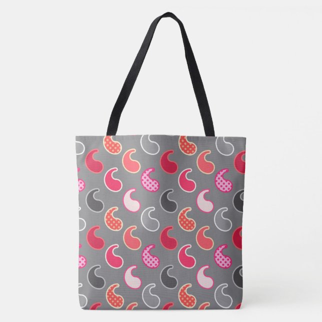Modern Paisley pattern, Coral, Pink on Grey / Grey Tote Bag (Front)