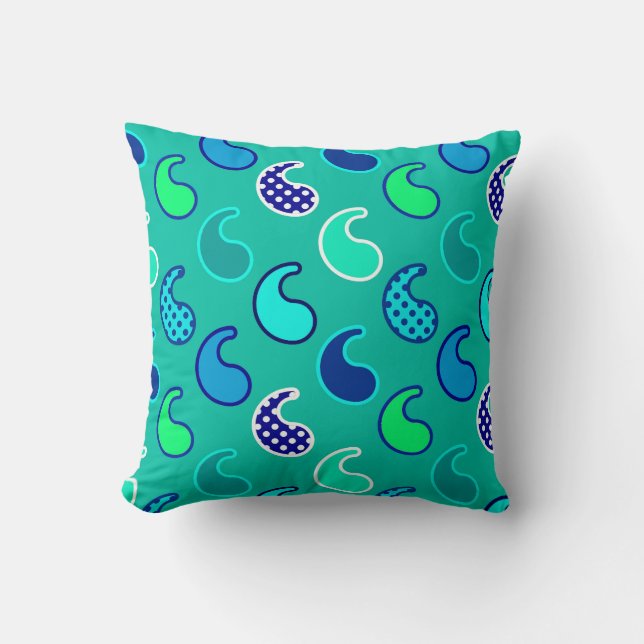 Modern Paisley pattern, Turquoise, Blue and Aqua Cushion (Front)